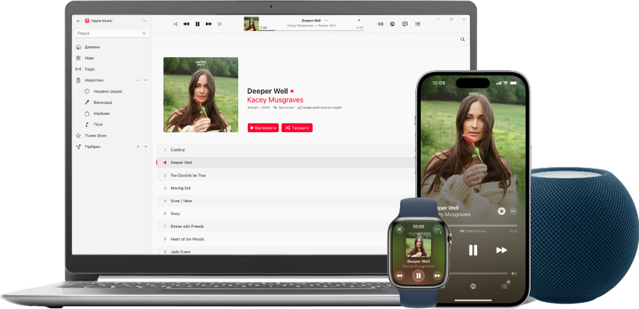 Пісня відтворюється на Mac, iPhone і Apple Watch, з HomePod.