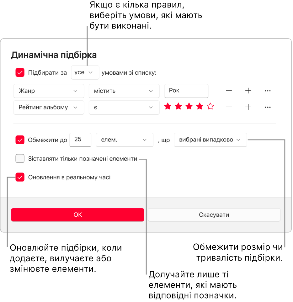 Діалогове вікно динамічної підбірки. У верхньому лівому кутку виберіть «Підібрати за», а тоді вкажіть критерії підбірки (наприклад жанр або рейтинг). Додавати та вилучати правила можна за допомогою кнопки «Додати» або «Вилучити» справа. Налаштуйте різноманітні опції у нижній частині вікна, зокрема обмеження розміру або тривалості підбірки, додавання лише позначених пісень або оновлення підбірки в Apple Music відповідно до зміни елементів у медіатеці.