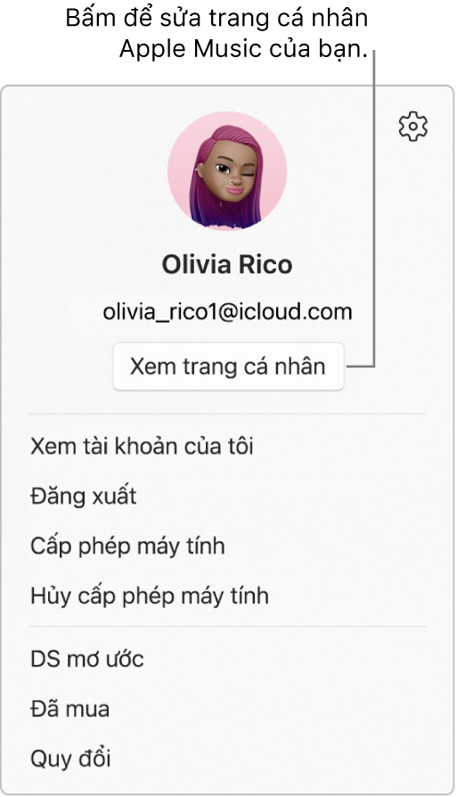 Menu trang cá nhân, xuất hiện khi bạn chọn tên của mình ở cuối thanh bên. Hình ảnh và Tài khoản Apple của người dùng nằm ở trên cùng. Nút Xem trang cá nhân nằm bên dưới Tài khoản Apple. Các tùy chọn menu bao gồm Xem tài khoản của tôi, Cấp phép máy tính và DS mơ ước.