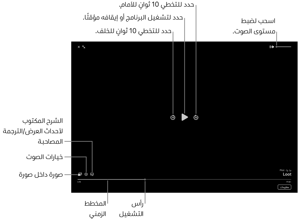 عناصر التحكم في التشغيل في العارض، وتظهر بها أزرار التشغيل أو الإيقاف مؤقتًا، والتخطي للأمام أو للخلف، وضبط مستوى الصوت.