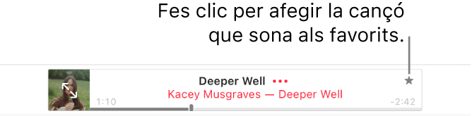 La part de l’Apple Music amb una cançó reproduint‑se. Fes clic al botó “Favorits” que hi ha a la dreta del títol de la cançó per marcar-la com a favorita.