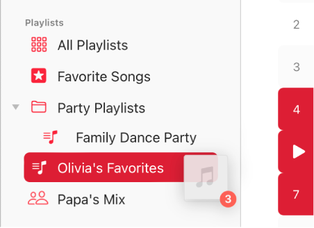 Cançons arrossegades a una llista de reproducció. La llista de reproducció està ressaltada.