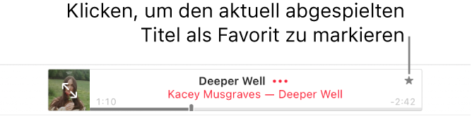 Der obere Bereich von Apple Music zeigt einen Musiktitel, der gerade wiedergegeben wird. Klicke rechts neben dem Titelnamen auf „Favoriten“, um den aktuell abgespielten Titel als Favorit zu markieren.