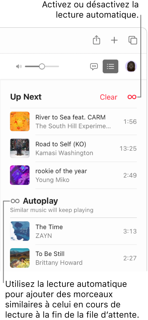 La file d’attente. Cliquez sur le bouton « Lecture automatique » pour activer ou désactiver la lecture automatique. Lorsque la lecture automatique est activée, des morceaux similaires sont ajoutés à la fin de la file d’attente.
