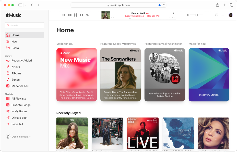 Prozor usluge Apple Music u Safariju s prikazom zaslona Naslovna stranica.