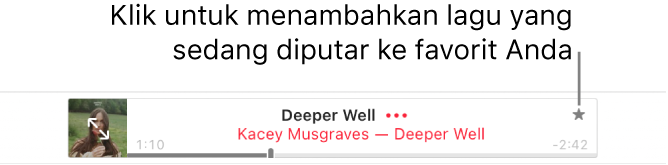 Bagian atas Apple Music dengan lagu diputar. Klik tombol Favorit di sebelah kanan judul lagu untuk menandai lagu yang sedang diputar sebagai favorit.