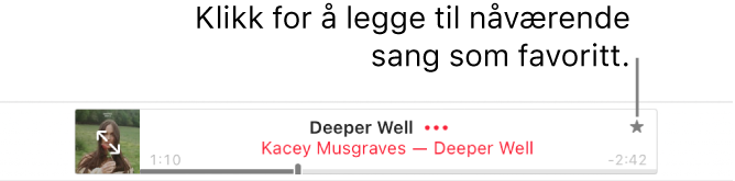 Toppen av Apple Music med en låt som spilles av. Klikk på Merk som favoritt-knappen til høyre for låttittelen for å merke låten som spilles, som favoritt.
