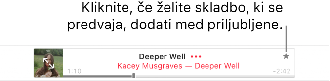 Vrh okna Apple Music s predvajano skladbo. Kliknite gumb Priljubljeno desno od naslova skladbe, da trenutno predvajano skladbo označite kot priljubljeno.