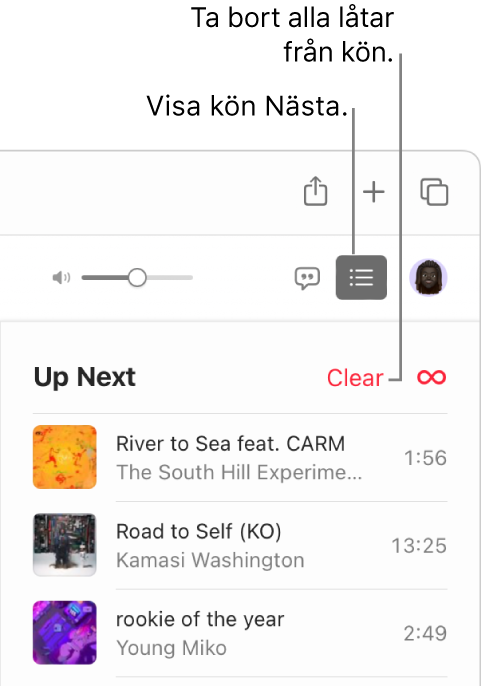 Knappen Nästa i övre högra hörnet i Apple Music är markerad och kön Nästa är synlig. Klicka på länken Rensa överst i listan om du vill ta bort alla låtar från kön.