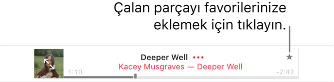 Apple Music’in çalan bir parçayı gösteren üst kısmı. Çalan parçayı favori olarak işaretlemek için parça başlığının sağındaki Favoriler düğmesini tıklayın.