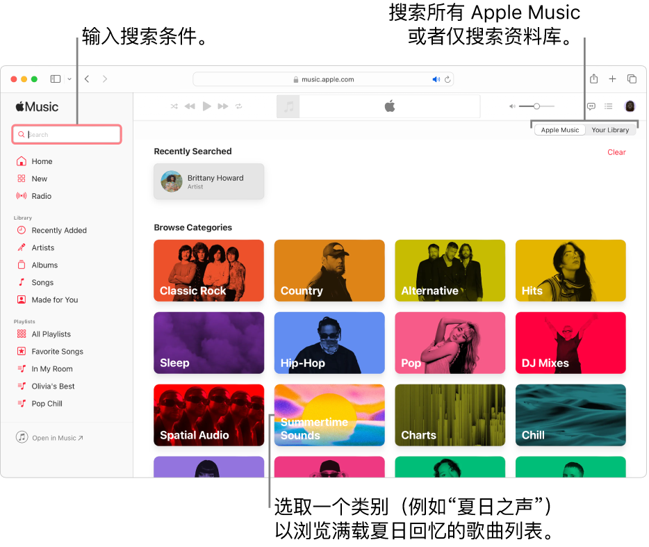 Apple Music 窗口的左上角显示搜索栏，窗口中间是类别列表，右上角显示“Apple Music”或“你的资料库”。在搜索栏中输入搜索条件，然后选取是搜索所有 Apple Music 还是仅搜索你的资料库。或者，选取一个类别（例如“夏日之声”）以浏览满载夏日回忆的歌曲列表。