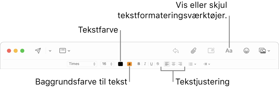 Værktøjslinjen og formateringsindstillinger i et vindue til en ny besked, med knapper til tekstfarve, baggrundsfarve til tekst og tekstjustering.