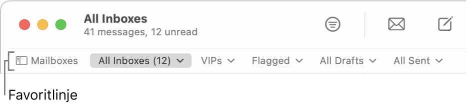 Favoritlinjen viser knappen Postkasser og knapper til at få adgang til favoritpostkasser, f.eks. VIP og Med flag.
