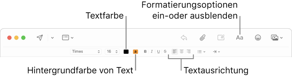 Die Optionen für die Symbolleiste und die Formatierung im Fenster für eine neue Nachricht mit den Tasten für die Textfarbe, die Hintergrundfarbe und die Textausrichtung.