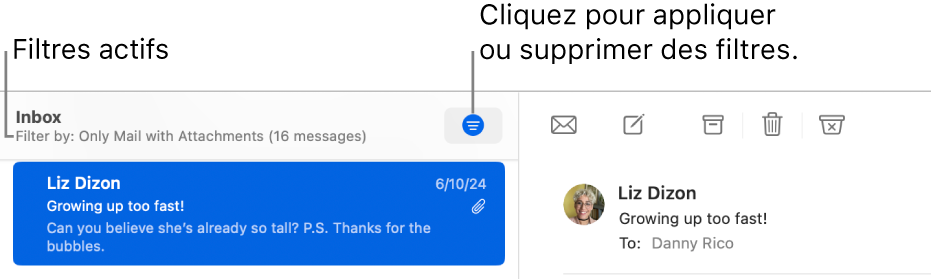 La fenêtre de Mail montrant la barre d’outils au-dessus de la liste des messages, avec les filtres appliqués par Mail, comme « Seulement avec pièces jointes ».