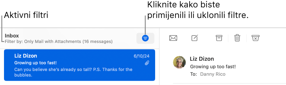 Prozor aplikacije Mail koji prikazuje alatnu traku poviše popisa poruka gdje Mail navodite koji su filtri primijenjeni, na primjer kao “Samo pošta s privitcima”.