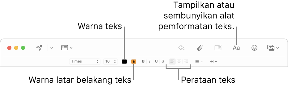 Bar alat dan pilihan pemformatan di jendela pesan baru yang menandakan tombol warna teks, warna latar belakang teks, dan perataan teks.