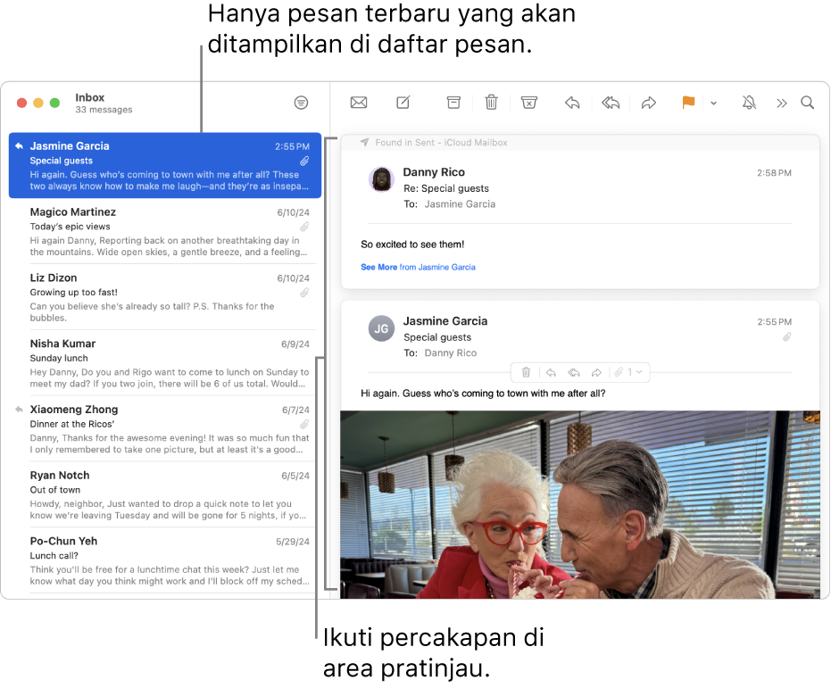 Hanya pesan terbaru dari percakapan yang ditampilkan di daftar pesan. Angka di pesan teratas menunjukkan ada berapa pesan percakapan di kotak mail saat ini. Mengikuti percakapan di area pratinjau.