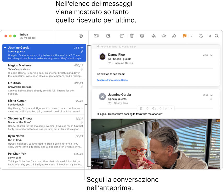 Viene visualizzato solo il messaggio più recente di una conversazione nella lista dei messaggi. Un numero nel messaggio superiore indica quanti messaggi della conversazione sono presenti nella casella attuale. Segui la conversazione nell’area di anteprima.