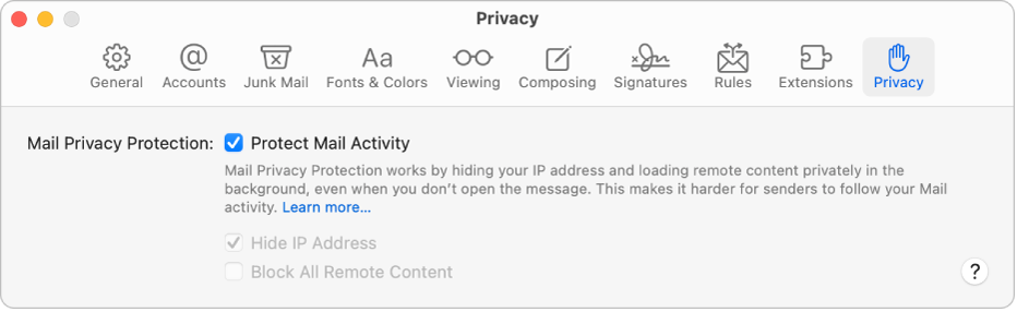 Il pannello Privacy nelle impostazioni di Mail.