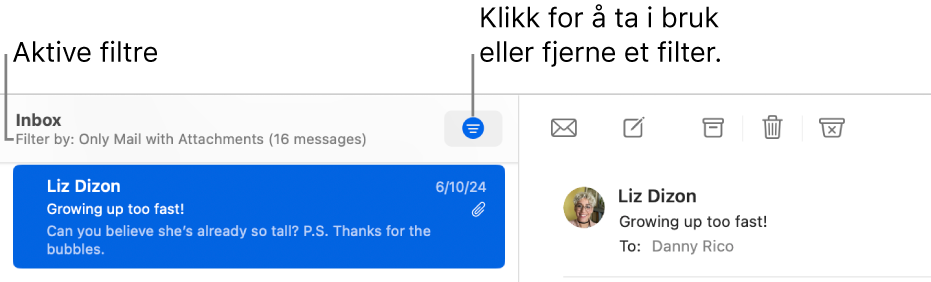 Mail-vinduet, som viser verktøylinjen over meldingslisten, der Mail angir hvilke filtre som er aktivert, for eksempel «Kun e-post med vedlegg».