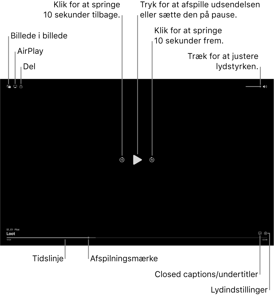 Betjeningspanelet til afspilning i afspilleren, herunder knapper til afspilning, pause, spring frem eller tilbage og justering af lydstyrken.