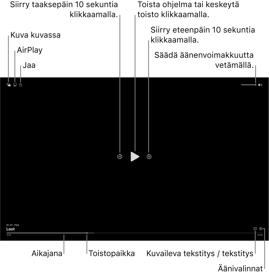 Toistosäätimet katseluikkunassa. Säätimissä on painikkeet toistolle tai keskeytykselle, eteenpäin tai taaksepäin siirtymiselle ja äänenvoimakkuuden säätämiselle.