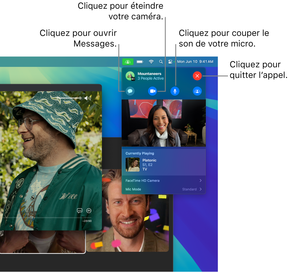 Commandes SharePlay affichées dans la barre des menus comprenant des boutons pour ouvrir l’app Messages, couper le son du micro, désactiver la caméra et quitter l’appel.