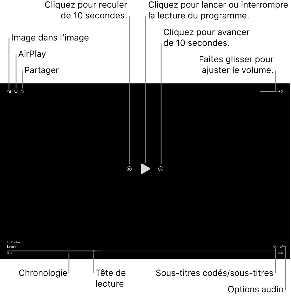 Commandes de lecture dans le visualiseur, notamment les boutons de lecture ou de pause, pour avancer ou reculer, et pour ajuster le volume.