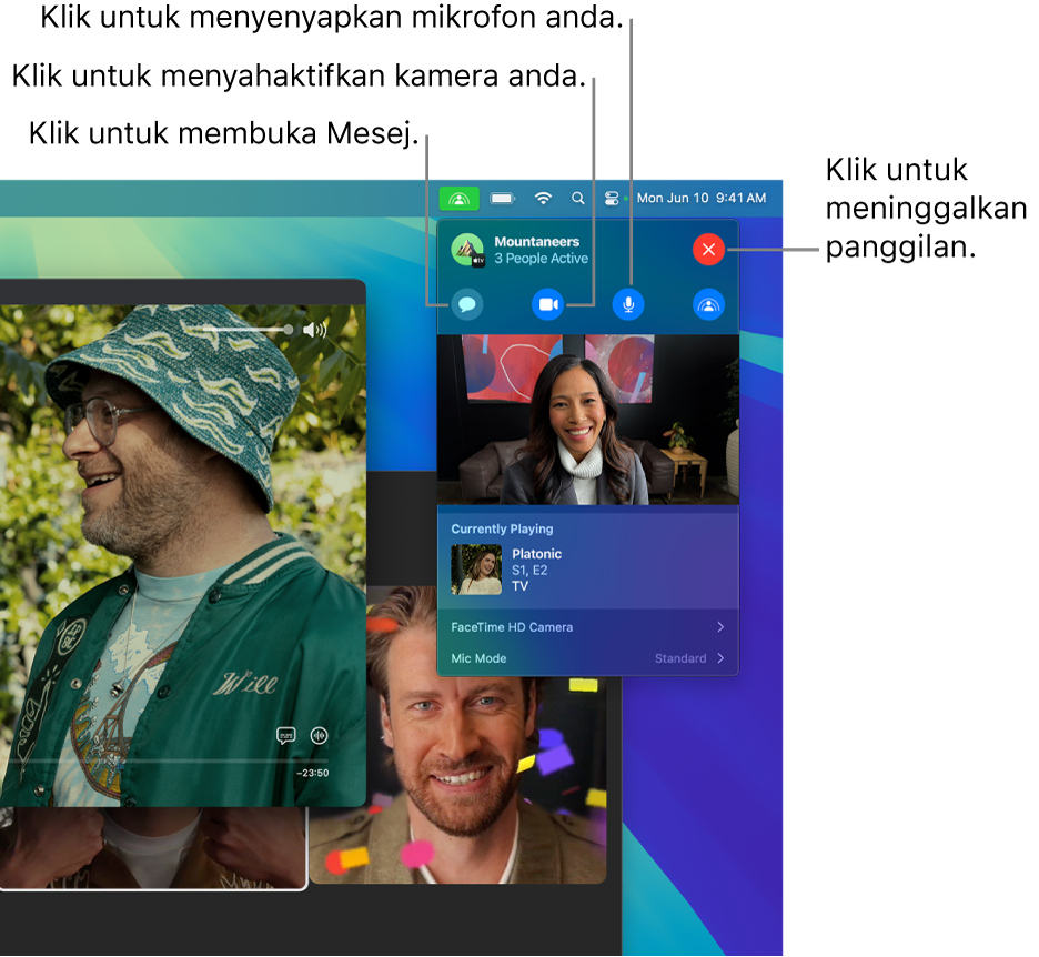 Kawalan SharePlay yang ditunjukkan dalam bar Menu termasuk butang untuk membuka app Mesej, menyenyapkan mikrofon anda, menyahaktifkan kamera anda dan meninggalkan panggilan.