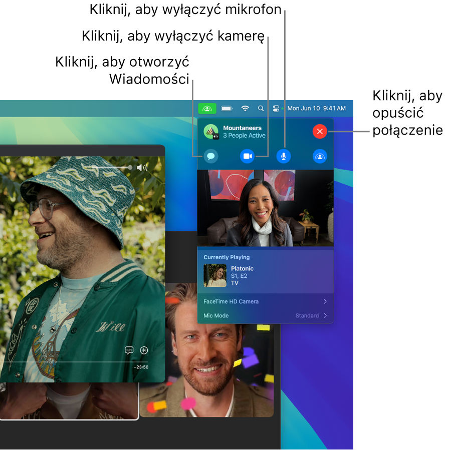 Narzędzia SharePlay na pasku menu, zawierające przycisk otwierający aplikację Wiadomości, przycisk wyciszający mikrofon, przycisk wyłączający kamerę oraz przycisk umożliwiający opuszczenie połączenia.