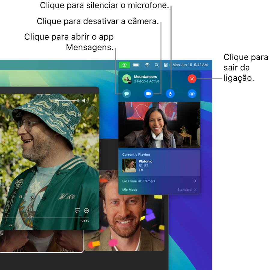 Os controles do SharePlay mostrados na Barra de menus incluem botões para abrir o app Mensagens, silenciar o microfone, desativar a câmera e sair da ligação.