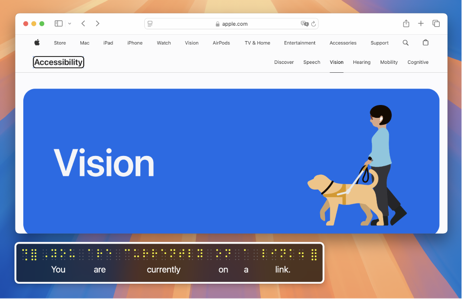 The braille panel showing what is in the VoiceOver cursor on a webpage. The braille panel displays simulated yellow braille dots, with corresponding text below the dots.