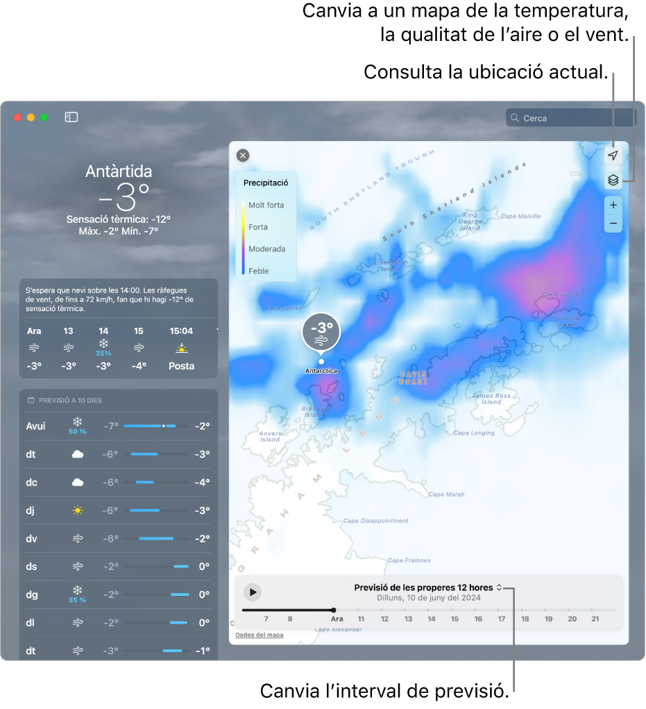 L’app Temps, que mostra la ubicació, la temperatura actual i les condicions meteorològiques, les previsions per hores i de 10 dies i una línia de temps.