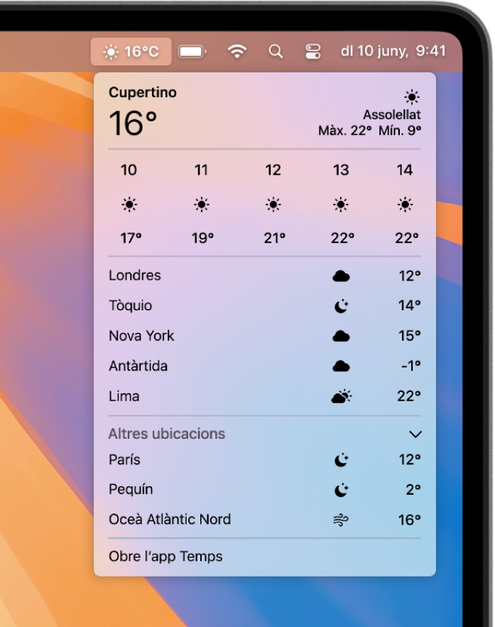 Accedeix a les dades meteorològiques a la barra de menús.