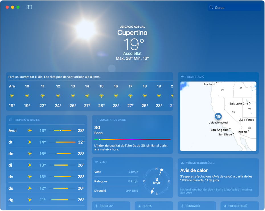 La finestra de l’app Temps amb la temperatura i les condicions actuals, la temperatura màxima i mínima del dia, la previsió per hores, diversos dies de la previsió de 10 dies i un mapa de precipitació.