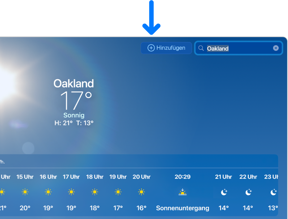 Die App „Wetter“ mit dem Suchergebnis für den Namen einer Stadt.