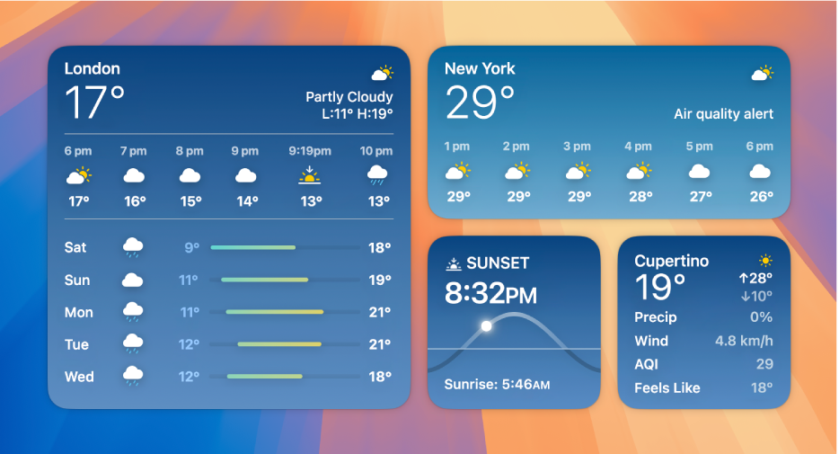 Small, medium and large Weather widgets.