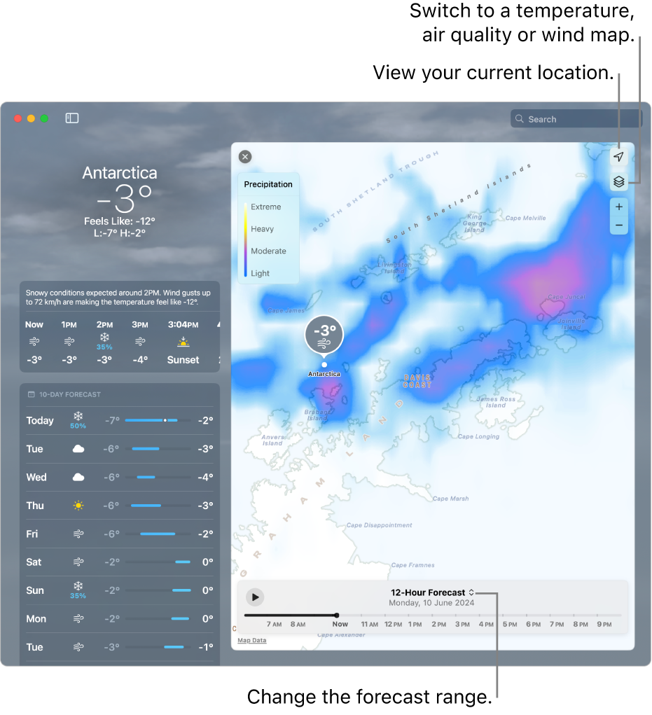 The Weather app, showing the location, the current temperature and weather conditions, hourly and 10-day forecasts, and a timeline.