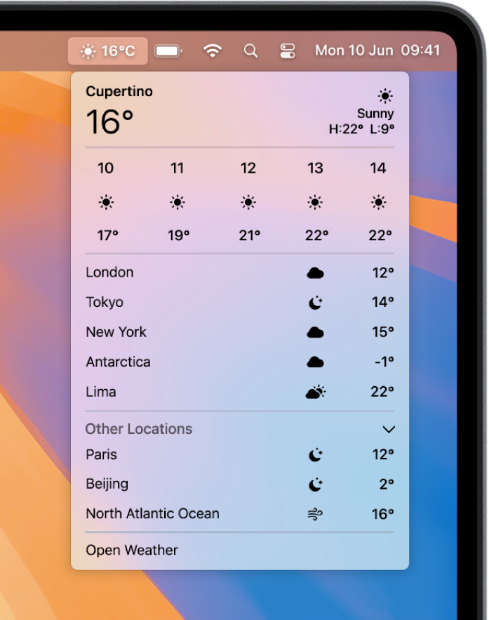 Access weather data in the menu bar.