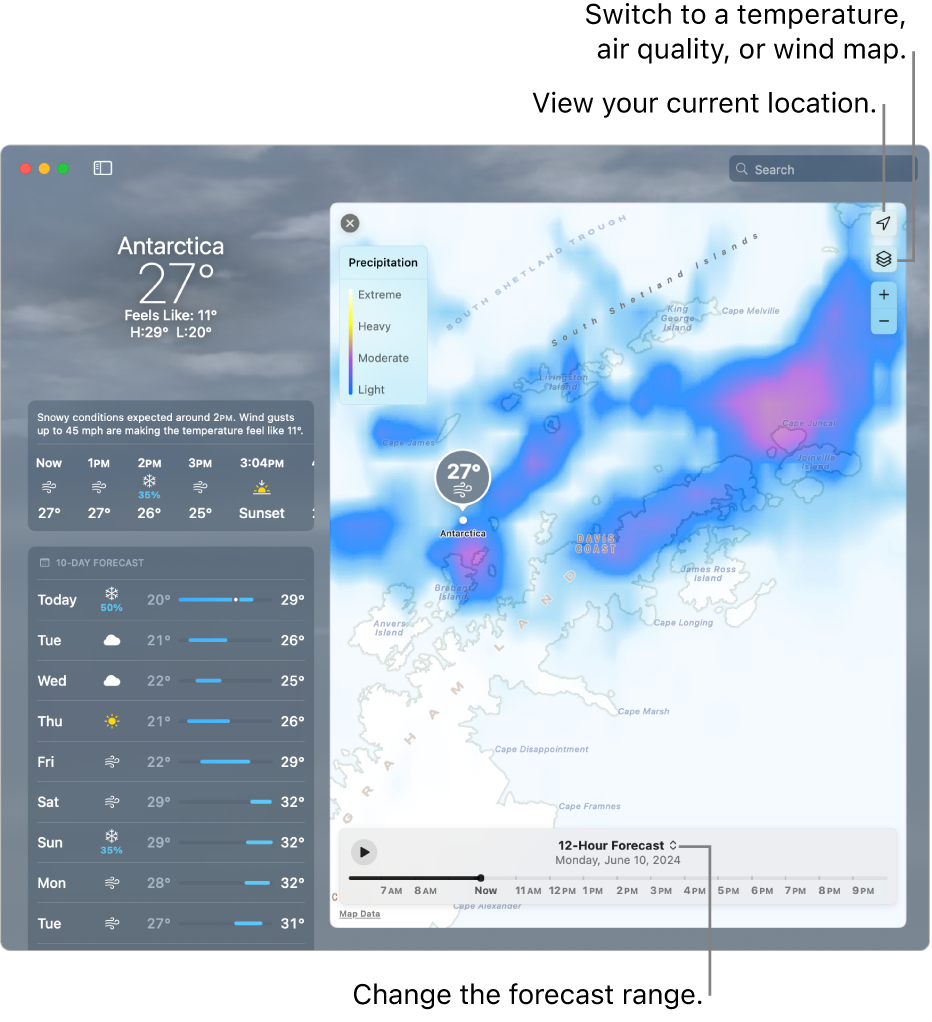 The Weather app, showing the location, the current temperature and weather conditions, hourly and 10-day forecasts, and a timeline.