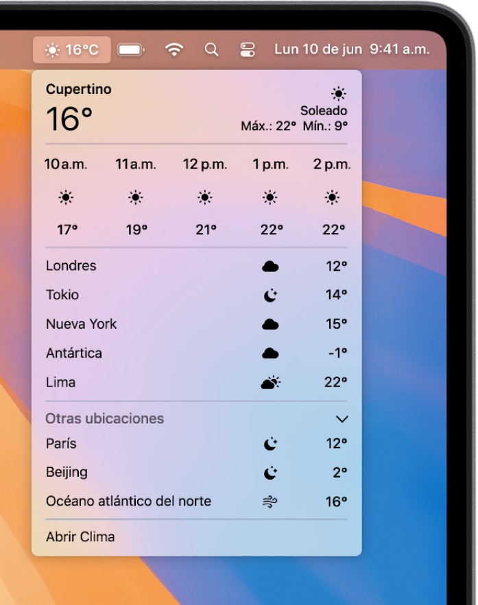 Acceder a la información del clima en la barra de menús