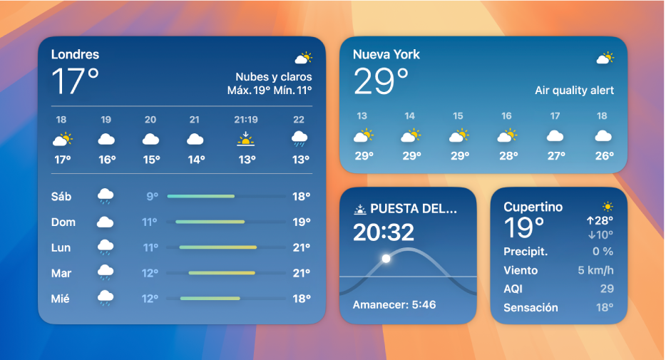 Widgets de Tiempo pequeños, medianos y grandes.