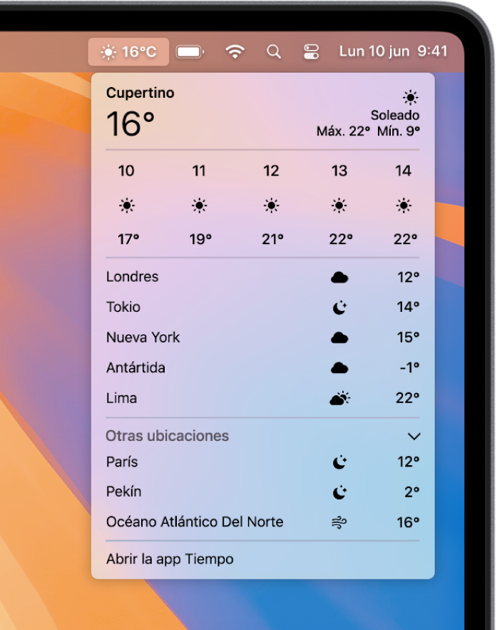 Accede a los datos del tiempo en la barra de menús.