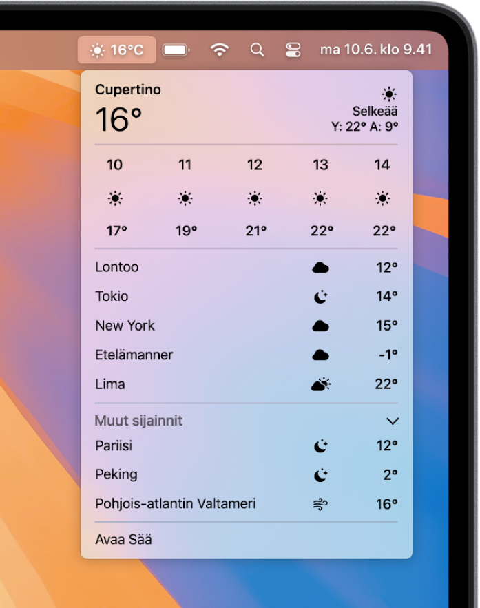 Siirry säätietoihin valikkorivillä.