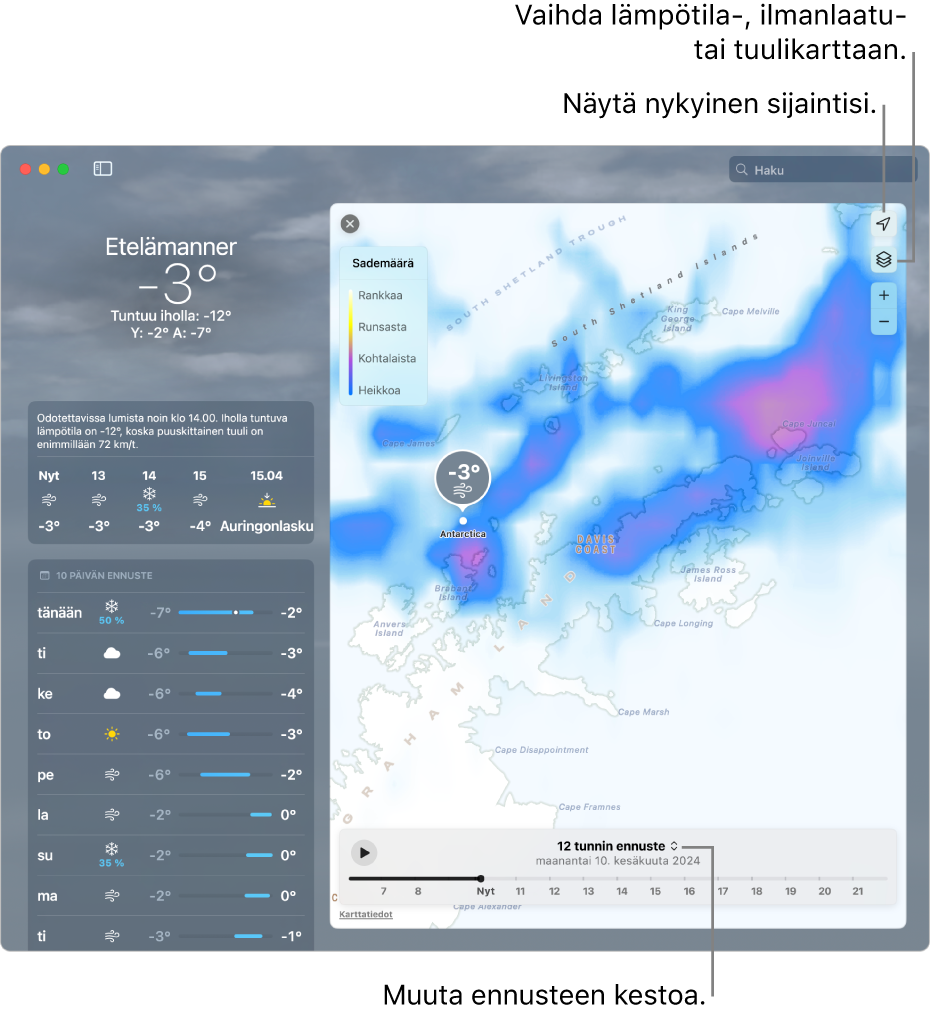 Sää-apissa näkyy sijainti, nykyinen lämpötila ja säätila, tuntiennuste ja 10 päivän ennuste sekä aikajana.