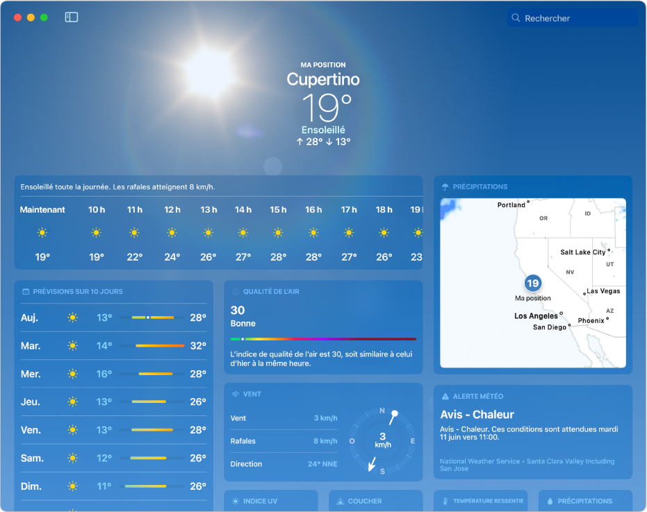 La fenêtre Météo affichant des détails comme la température actuelle, les températures maximales et minimales de la journée, en plus des prévisions par heure et sur 10 jours.