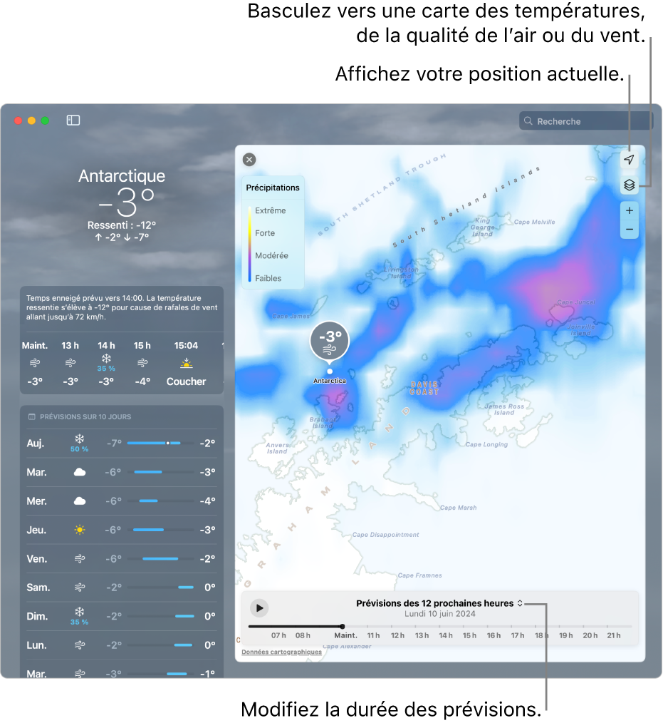 L’app Météo affichant le lieu, la température actuelle, les conditions météo, les prévisions heure par heure et sur 10 jours, ainsi qu’une chronologie.