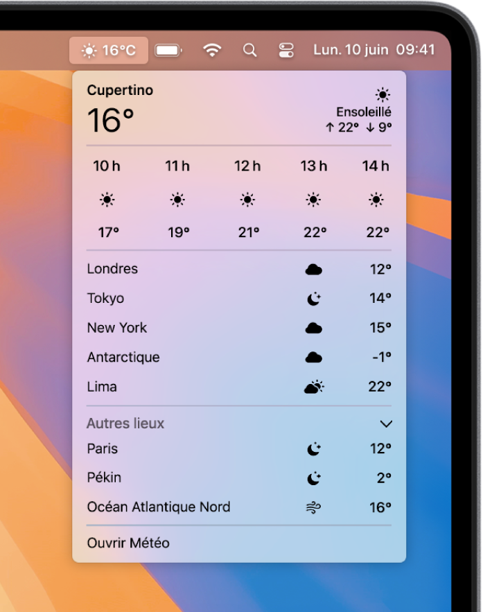 Accédez aux données météo dans la barre des menus.