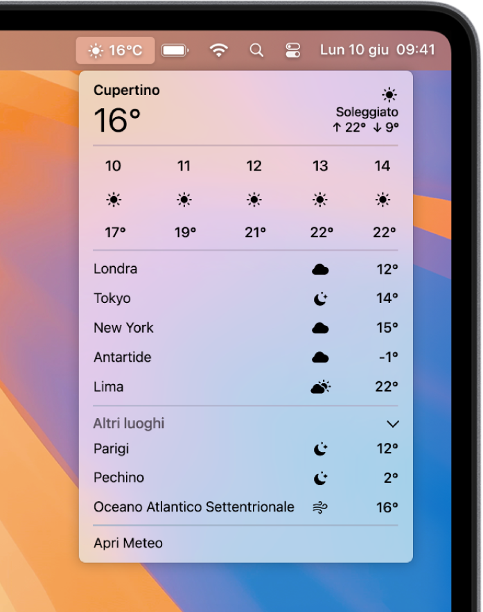 Accedi ai dati sul meteo dalla barra dei menu.